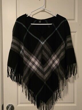 Vintage Burberry 100% Cashmere Plaid Fringe Poncho / Wrap